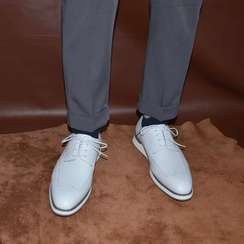 XEBOS hommes blanc été baskets en cuir véritable respirant à lacets aile pointe Derby chaussures décontracté en plein