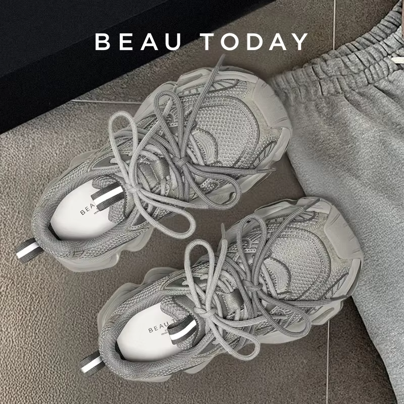 BEAUTODAY grosses baskets femmes en cuir synthétique maille bout rond à lacets sport formateurs dames Patchwork chaussures à la main 29A51