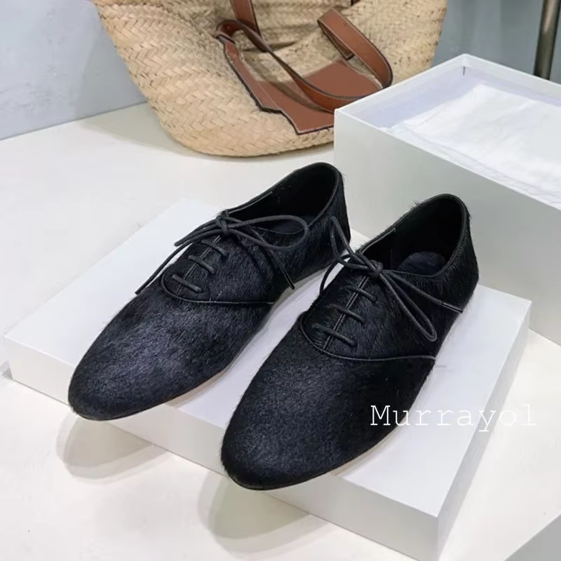 Chaussures plates à lacets en fourrure pour femmes, couleur unie, bouche profonde, simples, en cuir véritable, chaussures de marche rétro quatre saisons, nouvelle collection 2025