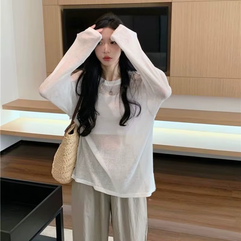 Femmes surdimensionné T-shirt printemps été col rond décontracté mode ample mince à manches longues haut pulls Chic blanc voir à travers T-shirt