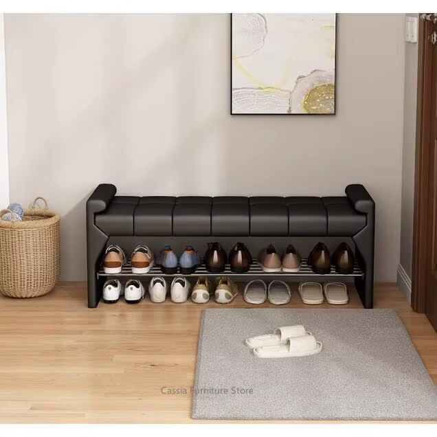 Banc à chaussures en cuir haut de gamme pour entrée, longue banquette avec rangement pour chambre, organisateur de couloir rustique et moderne pour porte d'entrée
