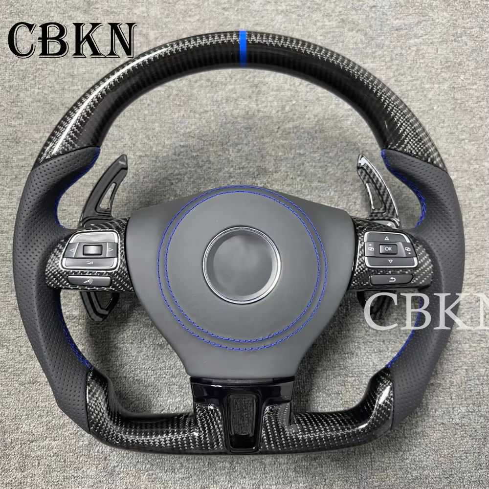 Volant sport R8 Style Ultimate à fond plat en fibre de carbone véritable forgée avec cuir pour VW Volkswagen CC Passat Golf 6 ﻿