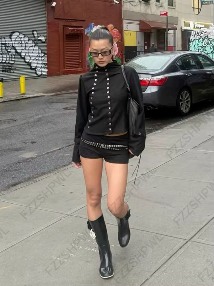 Goth Esthétique Y2K Vintage Chemise à manches longues pour femme Sexy Slim Fit Chic Boutonné Couleur unie Hauts courts Grunge Punk Streetwear