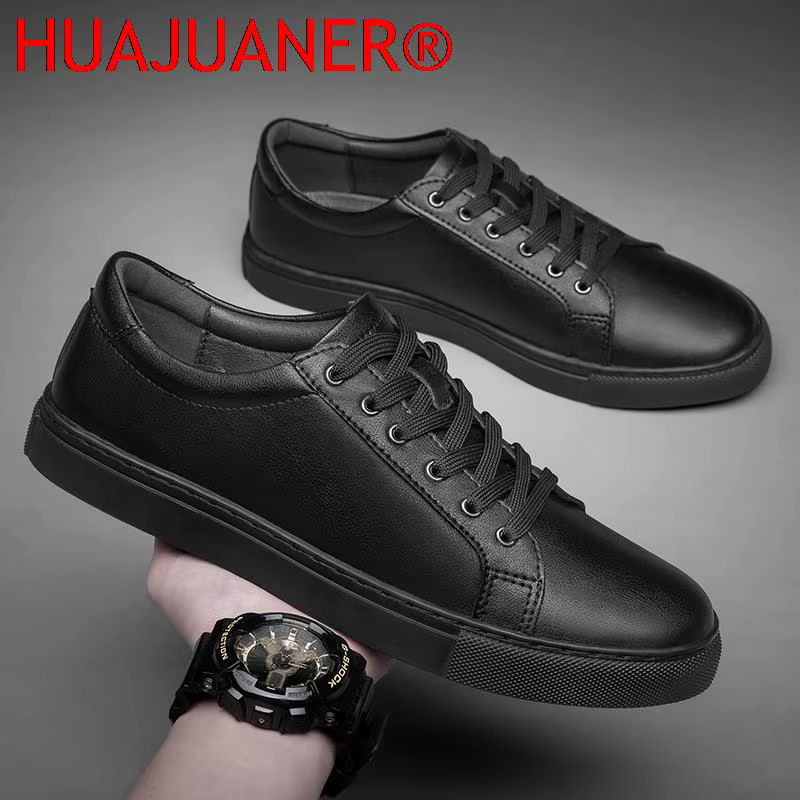Hommes en cuir véritable chaussures décontractées noir baskets