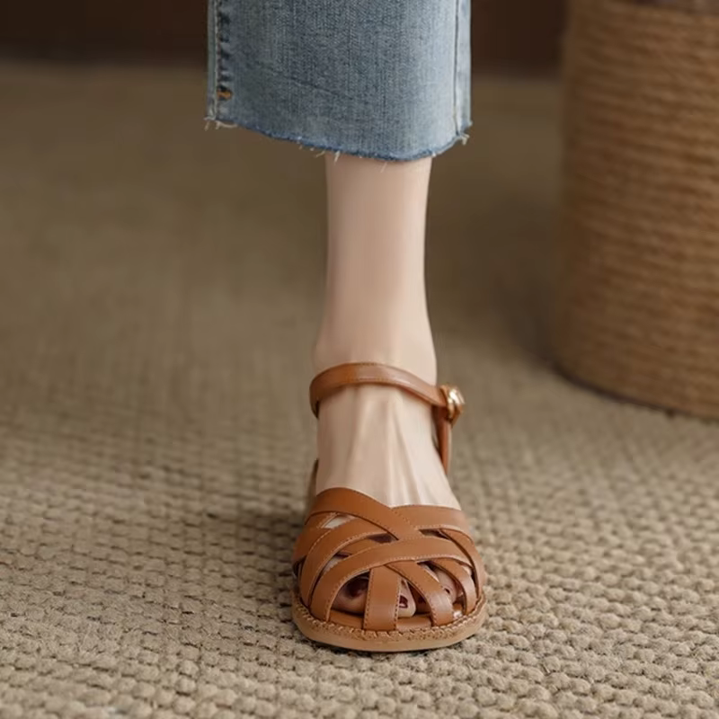 2025 nouveau Style rétro été femmes sandales mode élégant tissage couverture orteil chaussures dames confort talon bas plage vacances Sandalias