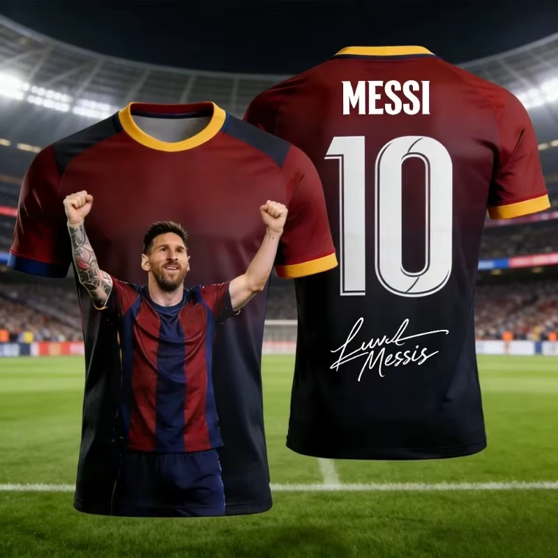 Inter Miami Hip Hop Streetwear Messi No.10 Maillot de football noir or brillant Impression 3D sur toute la surface Respirant Unisexe T-shirt de sport
