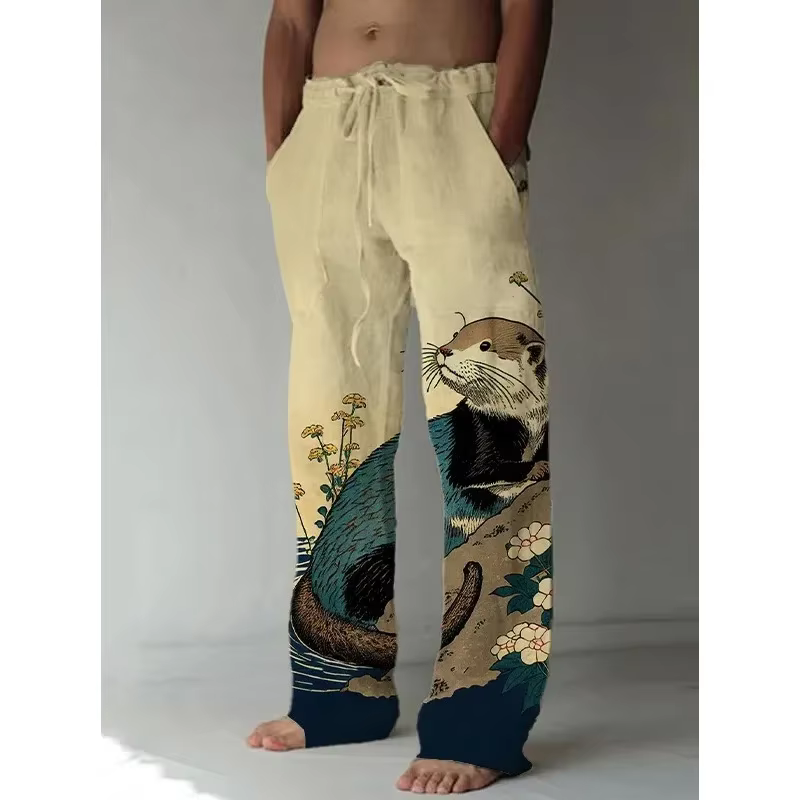 Pantalon à jambes larges de Style japonais Harajuku, imprimé renard raton laveur, pantalon décontracté pour hommes, pantalon d'été, Streetwear, vêtements