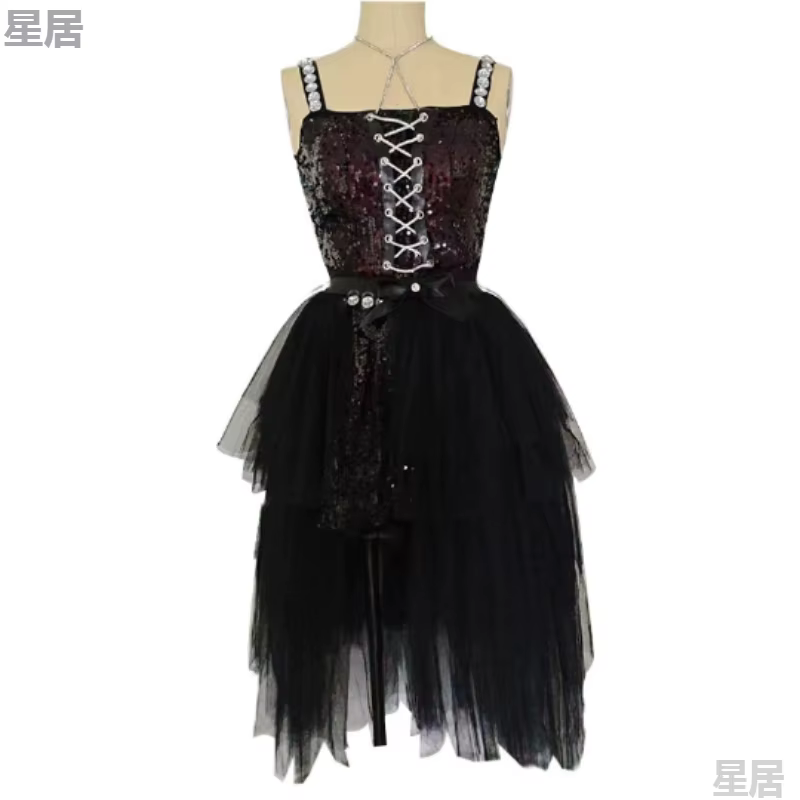 Costume de Performance de brevJazz pour Chanteuse, Jupe Bouffante en Maille Y, Courte Noire à Lacets, Tenues Sexy de Danseuse de Festivals