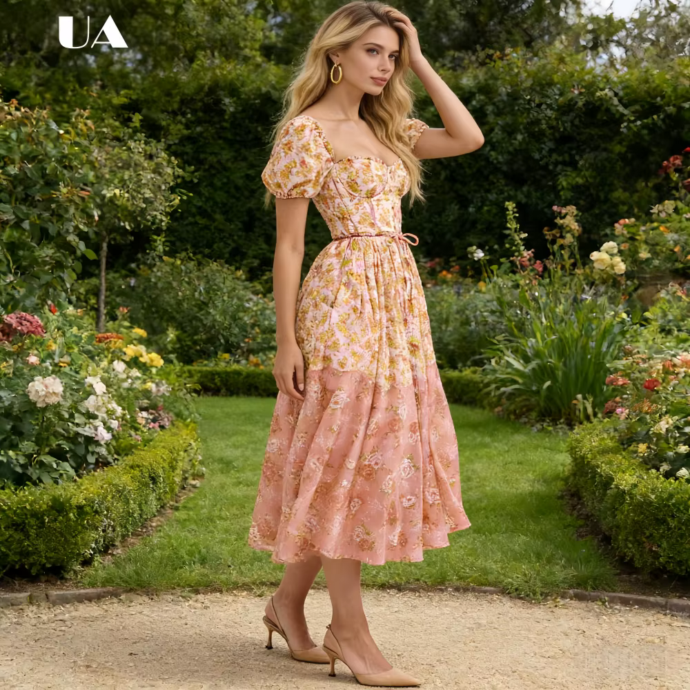 Robe midi évasée à imprimé floral élégant de style français ULBYANRY avec col à volants, robe empire à manches bouffantes de style pastoral