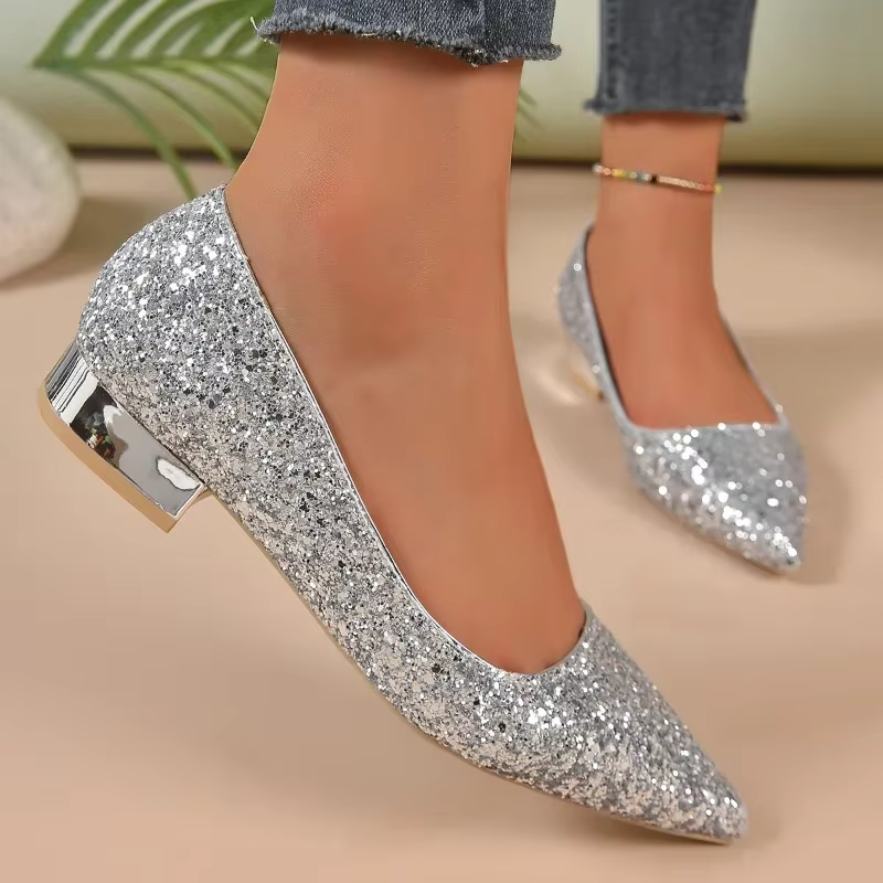 Chaussures plates pour femmes 2025 talon bas bouche peu profonde paillettes printemps et automne