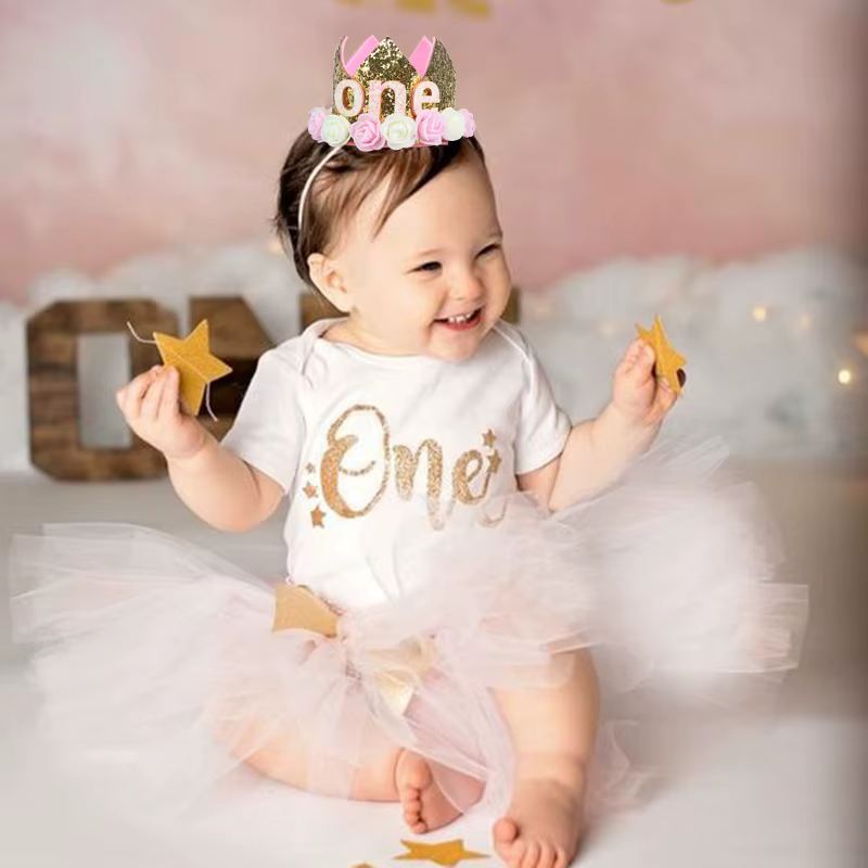 Décoration d'anniversaire pour bébé fille de 1, 2 ou 3 ans, chapeau couronne, fleur rose et blanche, paillettes, accessoire Photo pour 1er anniversaire, cadeaux joyeux anniversaire