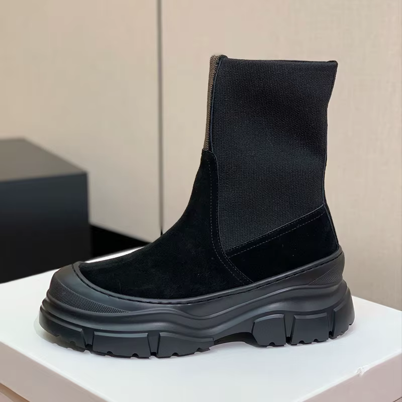 Enfant daim bande élastique Patchwork cheville Botas femmes bout rond Lacer-up plat fond épais bottes courtes automne
