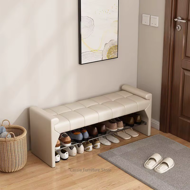 Banc à chaussures en cuir haut de gamme pour entrée, longue banquette avec rangement pour chambre, organisateur de couloir rustique et moderne pour porte d'entrée