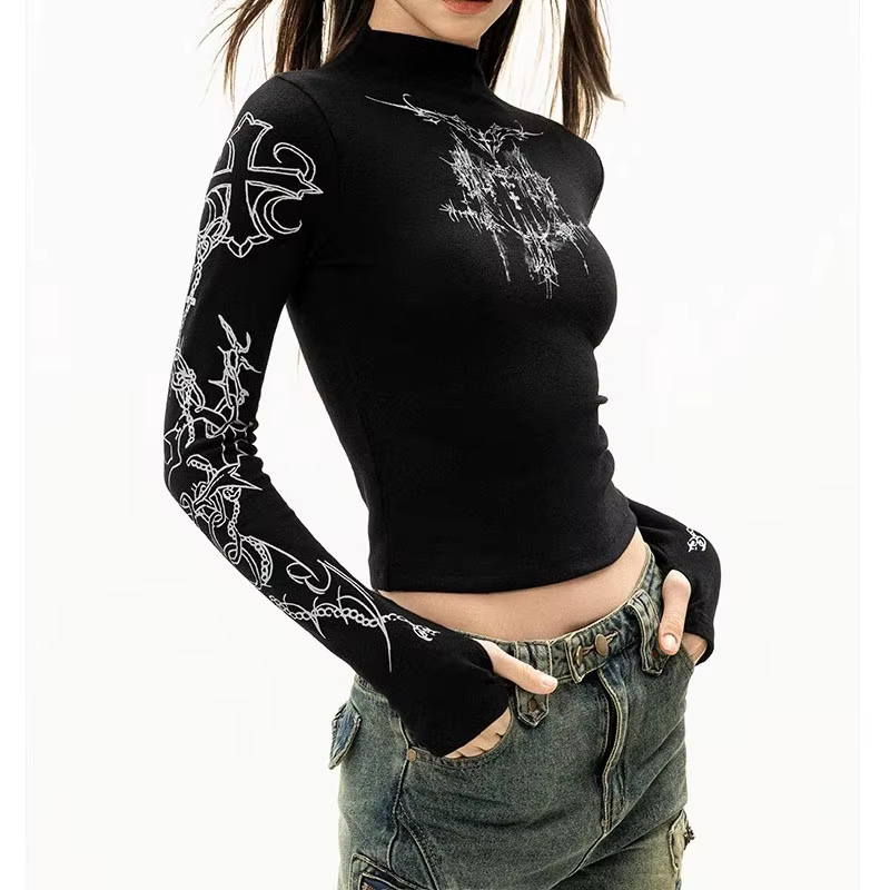 Grunge femmes T-Shirt Y2k esthétique col mi-haut t-shirts imprimé graphique à manches longues hauts transparents Punk Alternative culture hauts EMO