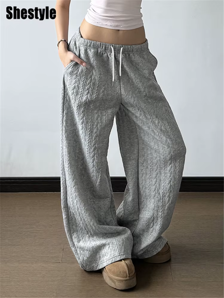 Shestyle gris pantalons de survêtement automne pour les femmes Streetwear cordon Texture Staight décontracté ample minimaliste pantalon à jambes larges 2025