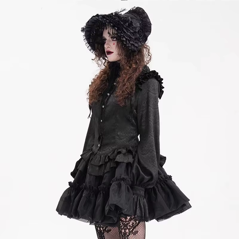 Chemise gothique victorienne de Style médiéval, col haut, volants, garniture en dentelle, manches bouffantes, chemisier Vintage, Lolita Cosplay, haut élégant de fête