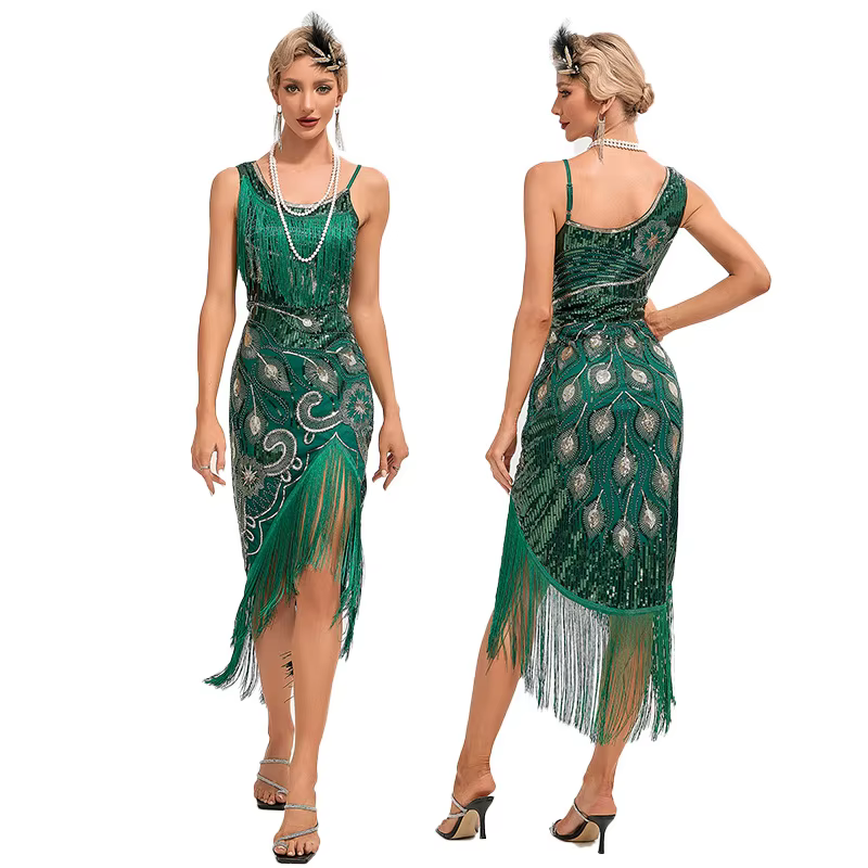 Robe de cocktail style Gatsby des années 1920 avec franges et paillettes, tenue de bal Charleston rétro à pompons motif paon, vêtements des années vingt.