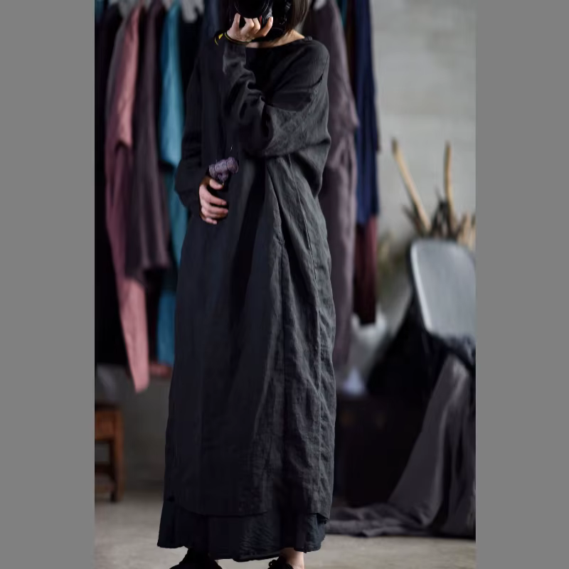 Robe décontractée oversize pour femme, nouvelle collection printemps 2026, style vintage, col rond, manches longues, faite main, coupe ample, en ramie délavée, style défilé
