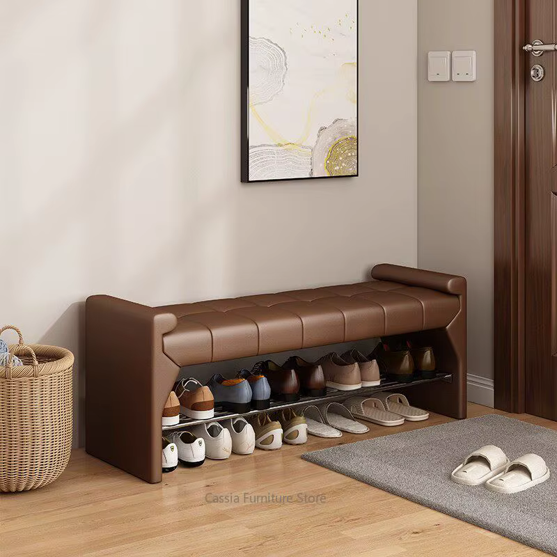 Banc à chaussures en cuir haut de gamme pour entrée, longue banquette avec rangement pour chambre, organisateur de couloir rustique et moderne pour porte d'entrée