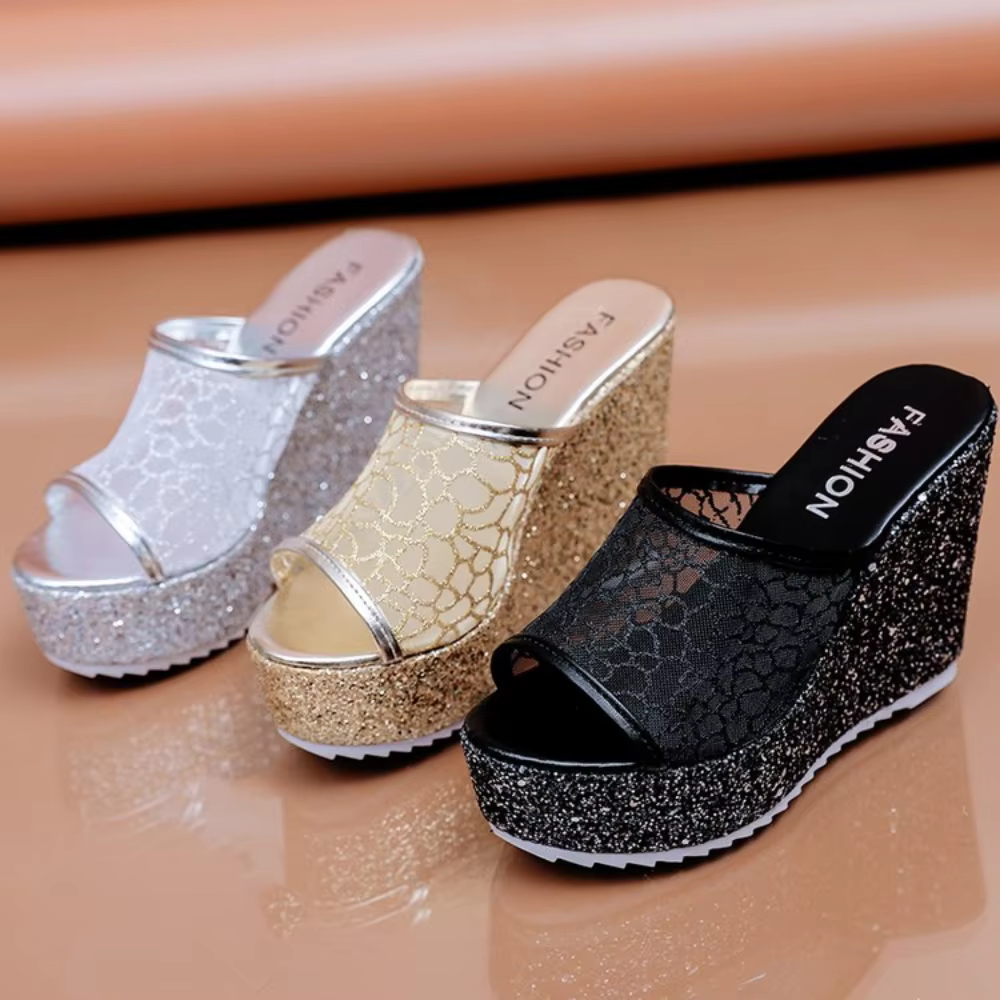 Pantoufles Bling Dorées pour Femmes, Chaussures d'Été, Plateforme 4cm, Salle d'ACH Extérieure 11cm, Talons Hauts Compensés, Maille Solide, Chaussures Argentées Femme