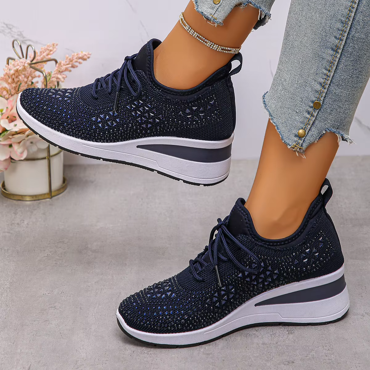 Baskets femme brillant strass coin respirant tricot antidérapant chaussures de marche