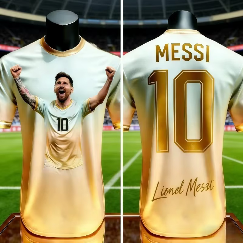 Inter Miami Hip Hop Streetwear Messi No.10 Maillot de football noir or brillant Impression 3D sur toute la surface Respirant Unisexe T-shirt de sport
