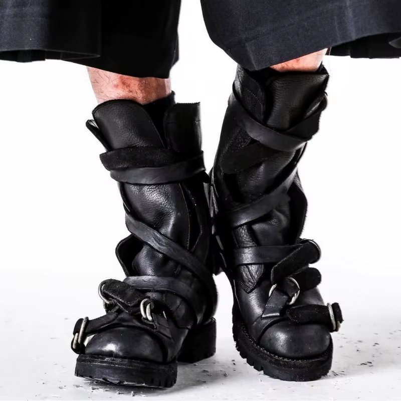 Yamamoto Style foncé rétro Vintage moto bottes hommes en cuir véritable sangle
