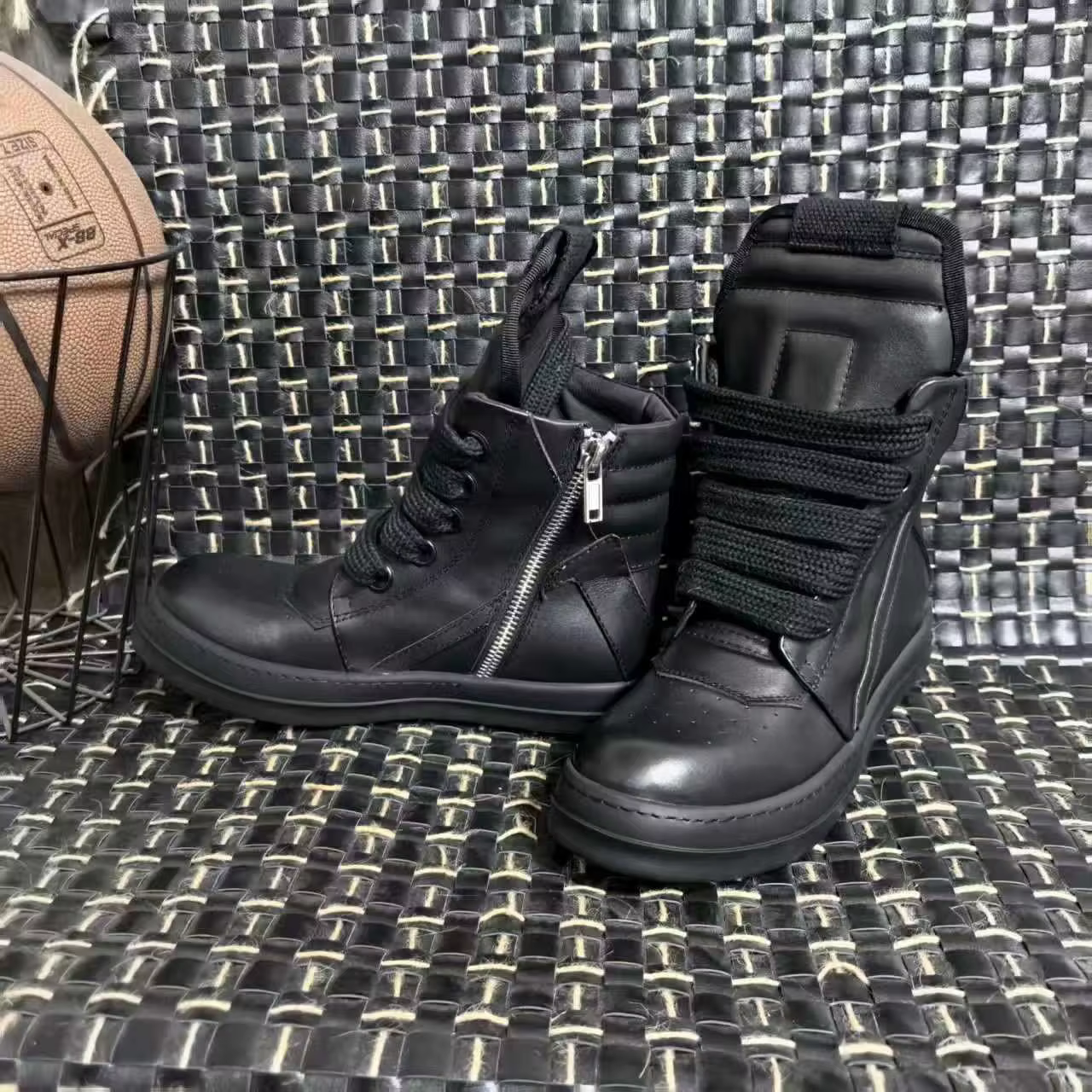 R-o Designer hommes chaussure entièrement en cuir noir bottine Sneaker haut chaussures décontractées lacets Jumbo fermeture éclair femmes bottes baskets plates
