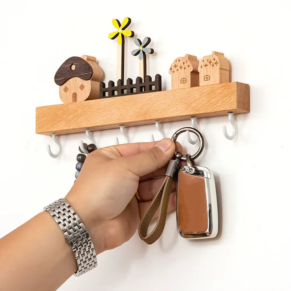 Accessoire de décoration intérieure, porte-clés en bois, 6 crochets, style nordique, support de rangement pour clés, crochet décoratif mignon INS, entrée