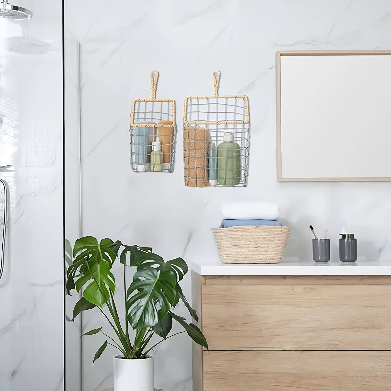 Panier de rangement suspendu en fil tressé de style japonais pour chambre à coucher, étagère murale en fer pour salon, panier de rangement pour ustensiles de cuisine