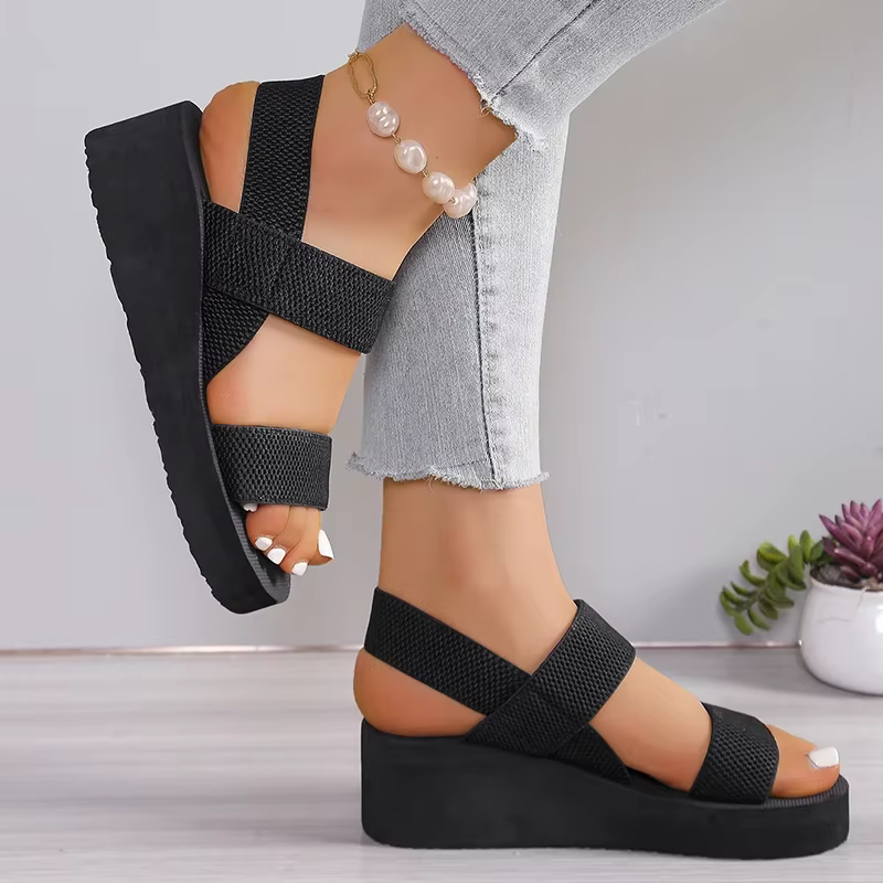 Sandales compensées à bande élastique noire pour femmes été 2025 chaussures de plage légères antidérapantes femme