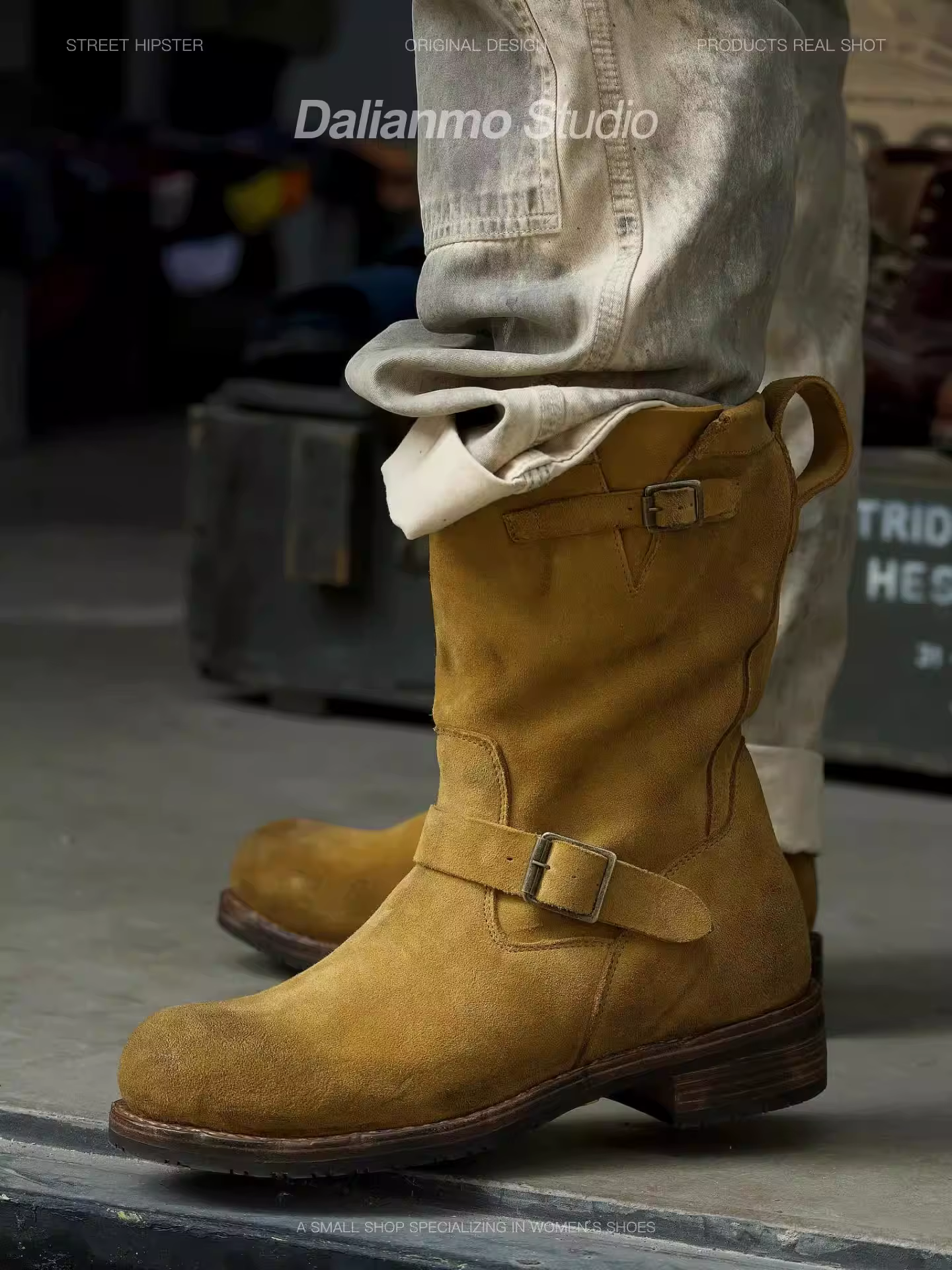 Bottes de travail en daim kaki vintage faites à la main pour hommes et femmes