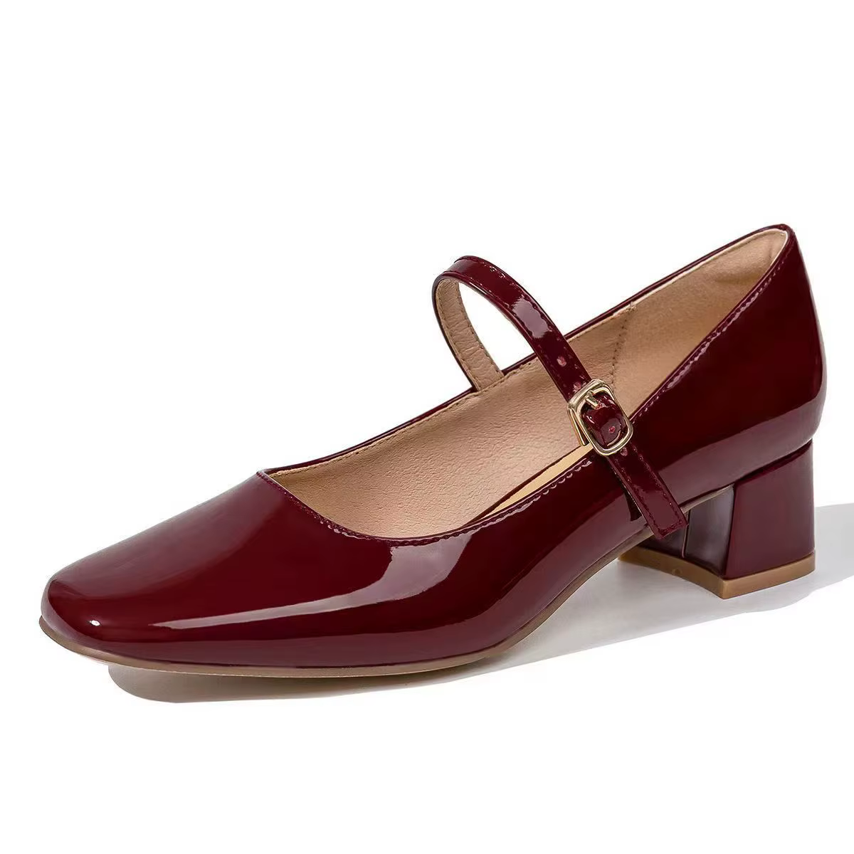 Escarpins Mary Jane en cuir verni bordeaux pour femmes – Chaussures habillées à double boucle dorée d'inspiration vintage à talon bas bloc 2026