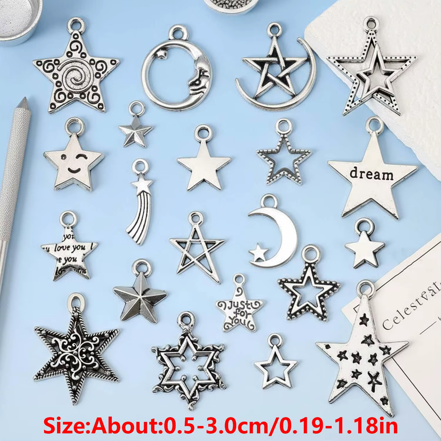 21/30 pièces Breloques en alliage argenté antique motif étoile pour la fabrication de bijoux DIY (bracelets, colliers, boucles d'oreilles)