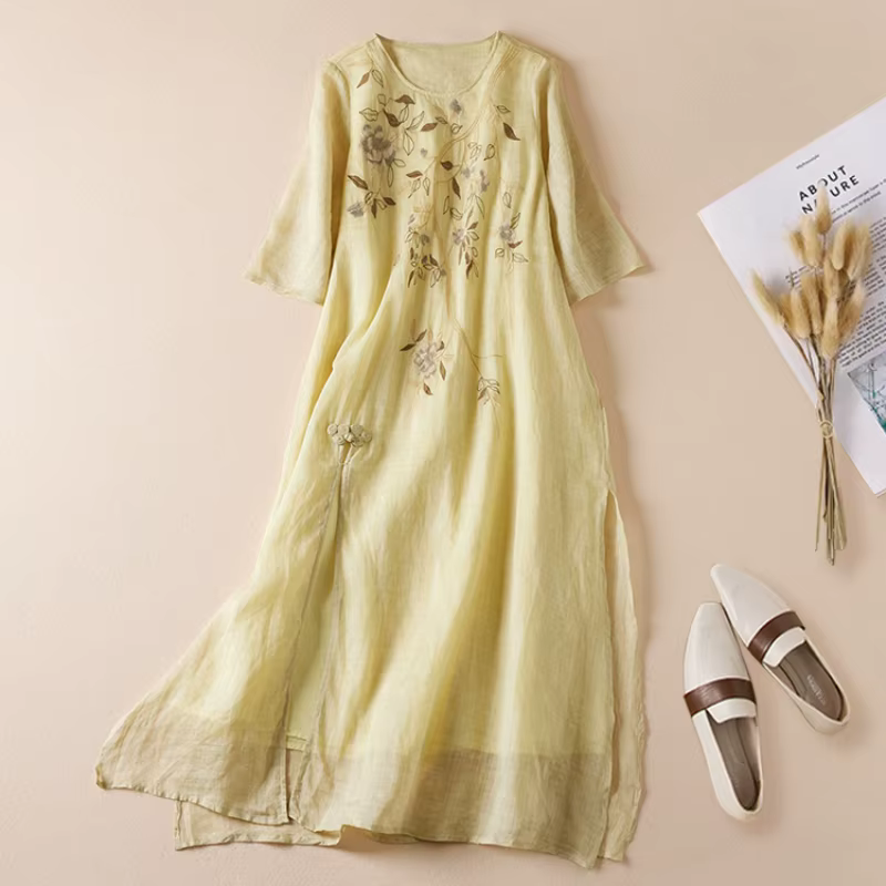 Robes brodées de style chinois pour femmes, coton, lin, manches courtes, vintage, col rond, vêtements d'été, coréen, nouveau, 2024