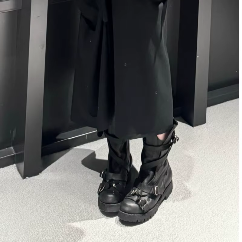 Yamamoto Style foncé rétro Vintage moto bottes hommes en cuir véritable sangle
