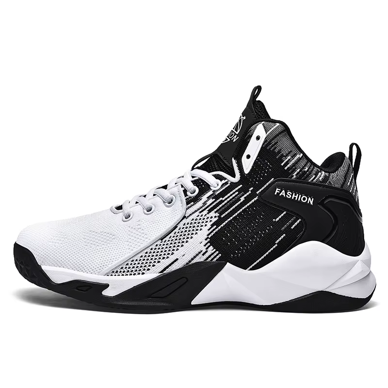Chaussures de basket-ball montantes noires et blanches pour hommes - Baskets athlétiques en maille respirante