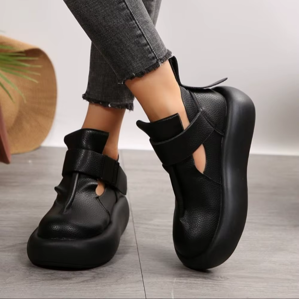 Bout rond semelle épaisse en cuir rétro plate-forme chaussures femmes loisirs romain