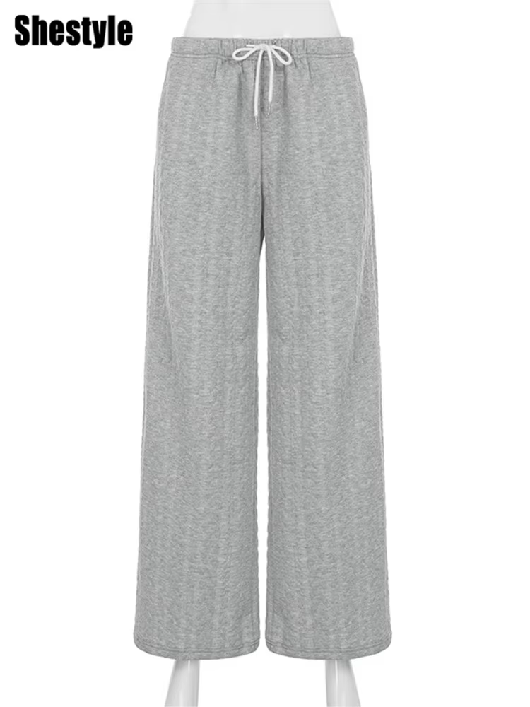 Shestyle gris pantalons de survêtement automne pour les femmes Streetwear cordon Texture Staight décontracté ample minimaliste pantalon à jambes larges 2025