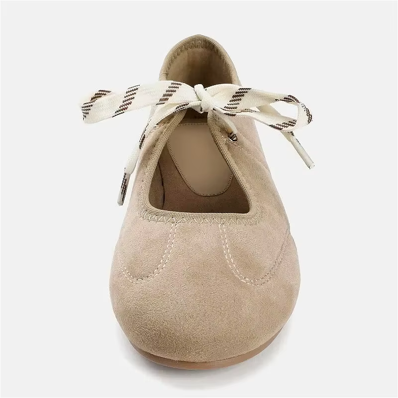 Mode bout rond ballerines femmes à lacets Faux daim peu profond concis semelle souple Mary Jane chaussures