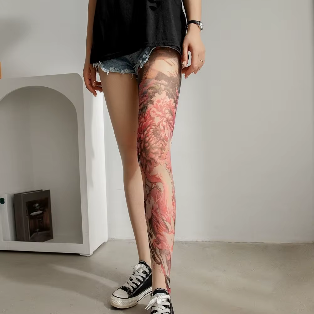 Chaussettes de sport élastiques et respirantes style japonais motif serpent, protection UV, fines, anti-UV, effet tatouage intégral sur la jambe