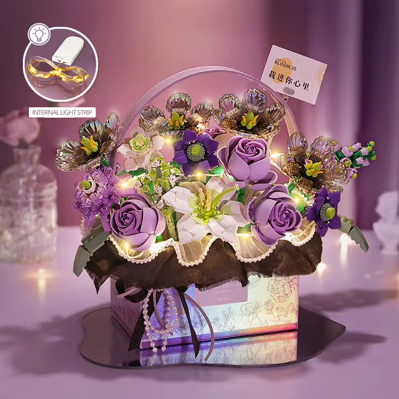 Bouquet de roses roses créatif en blocs de construction, série de boîtes cadeaux portables pour bouquets de fleurs, briques de modélisation, cadeaux pour filles, jouets pour adultes