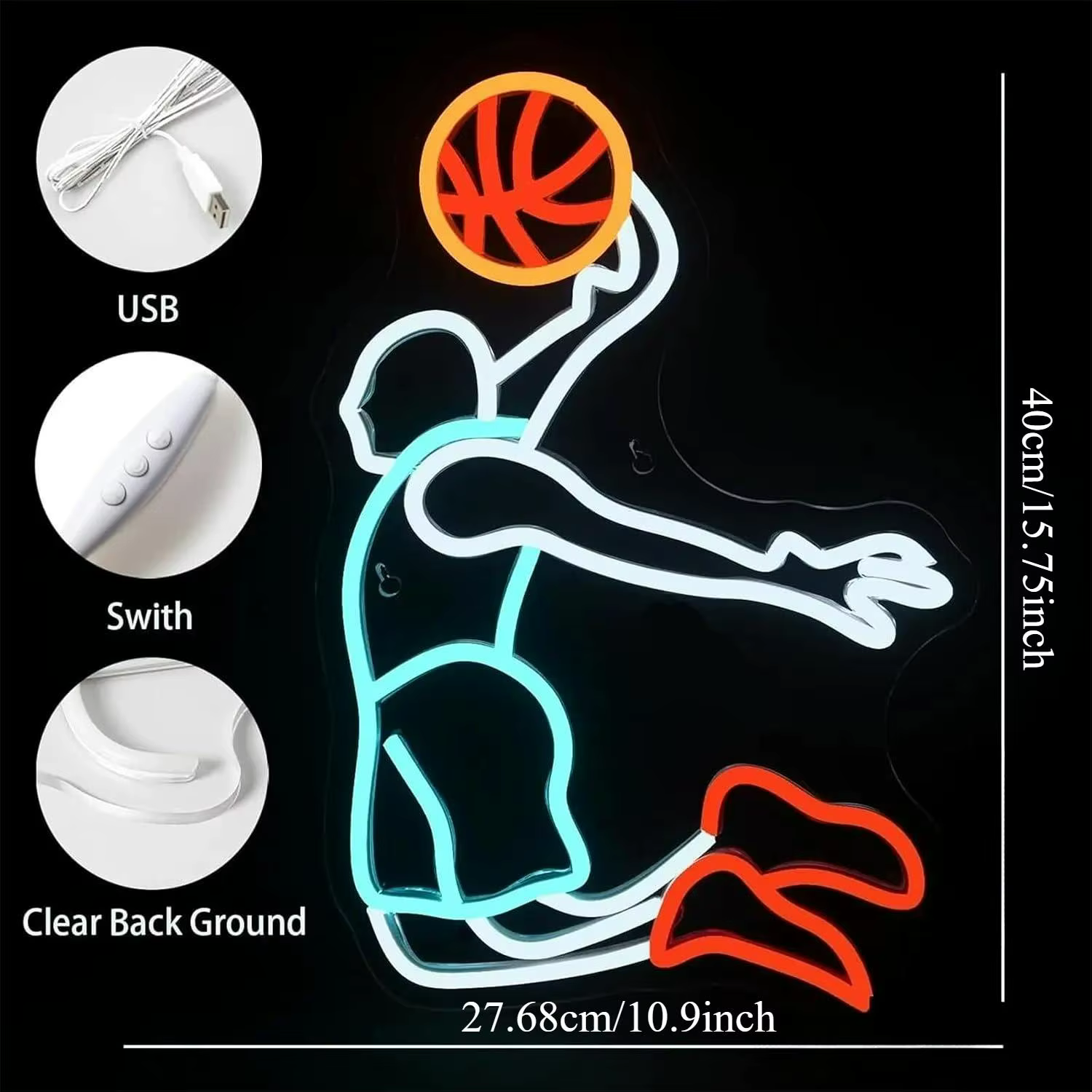 Enseigne néon LED dimmable « Joueur de basketball en dunk » pour bar sportif, « man cave », salle de jeux, chambre de garçons adolescents, décoration murale, veilleuse