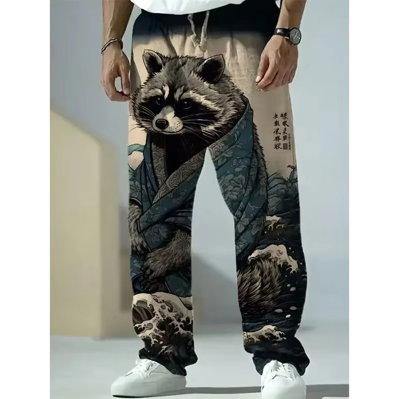 Pantalon à jambes larges de Style japonais Harajuku, imprimé renard raton laveur, pantalon décontracté pour hommes, pantalon d'été, Streetwear, vêtements