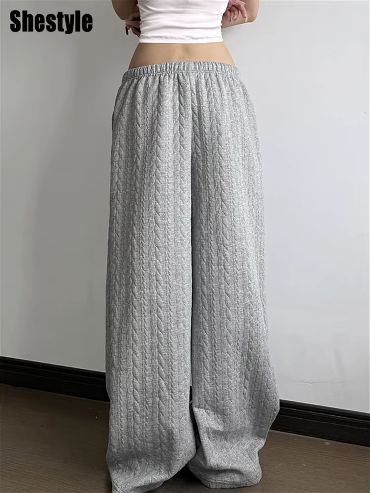 Shestyle gris pantalons de survêtement automne pour les femmes Streetwear cordon Texture Staight décontracté ample minimaliste pantalon à jambes larges 2025