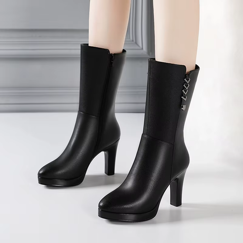 Bottes de moto mi-mollet en cuir peluche pour femmes