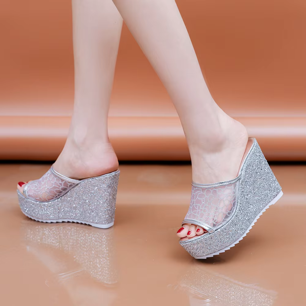 Pantoufles Bling Dorées pour Femmes, Chaussures d'Été, Plateforme 4cm, Salle d'ACH Extérieure 11cm, Talons Hauts Compensés, Maille Solide, Chaussures Argentées Femme