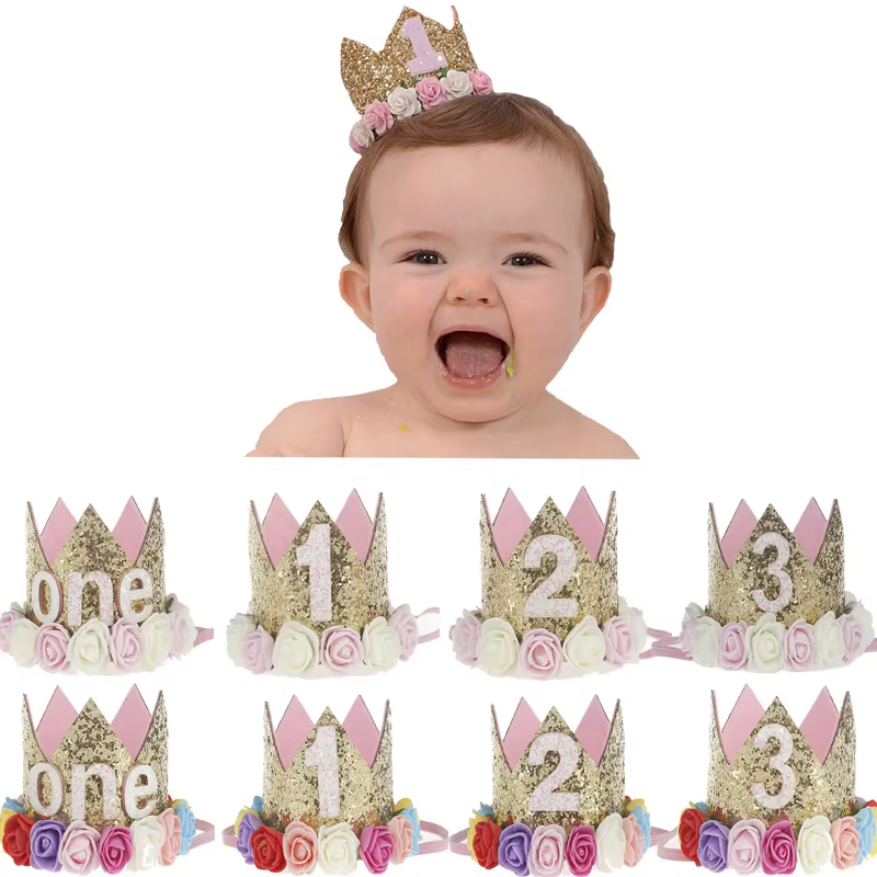 Décoration d'anniversaire pour bébé fille de 1, 2 ou 3 ans, chapeau couronne, fleur rose et blanche, paillettes, accessoire Photo pour 1er anniversaire, cadeaux joyeux anniversaire