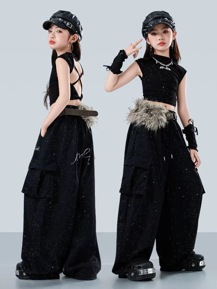 Tenue de danse jazz pour groupe, costume de performance hip-hop, vêtements de spectacle sur scène, haut court noir, pantalon baggy, ensemble streetwear