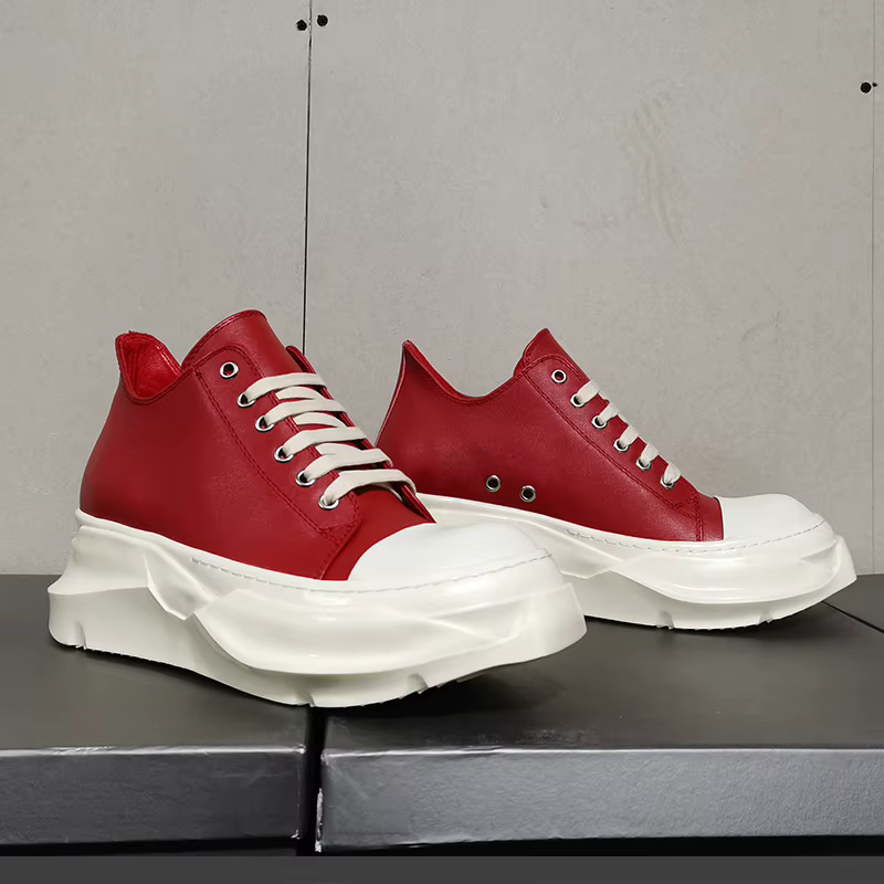 Femmes hommes rouge en cuir véritable baskets basses hauteur augmentant plate-forme chaussures plates mode tête ronde